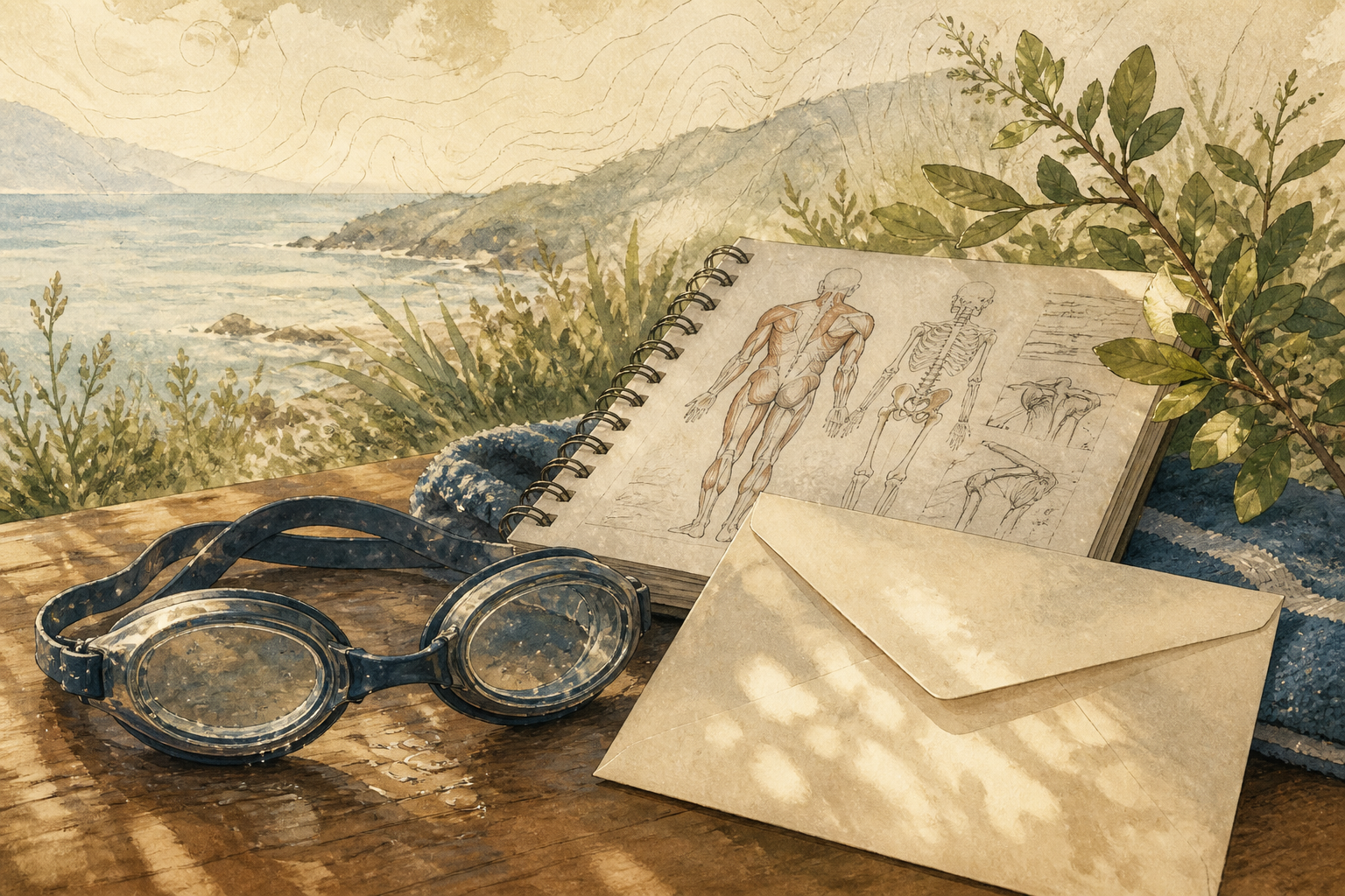 Editorial illustration of swim goggles, a physiotherapy notebook and a university envelope overlooking the coast