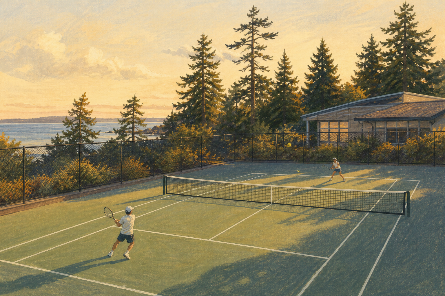 Editorial illustration of a late-summer tennis match continuing into the evening on a coastal community court
