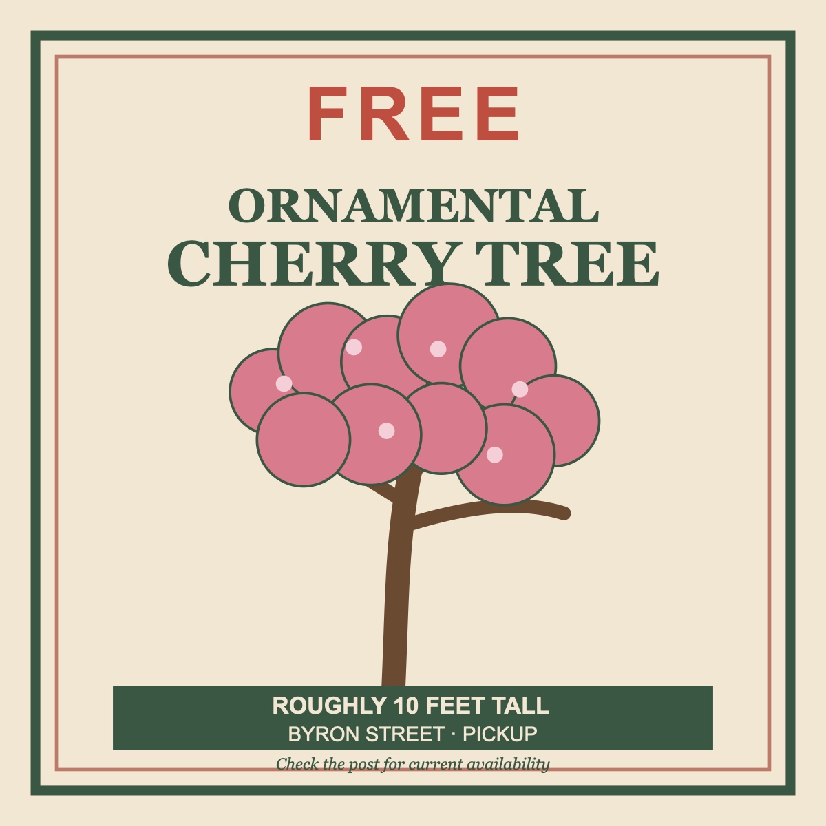 Designed free ornamental cherry tree poster pinned to a cork board.