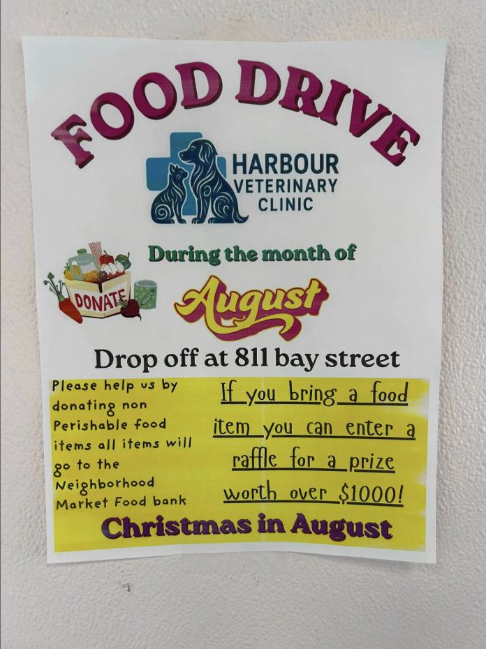 Harbour Veterinary Clinic food-drive poster for August.