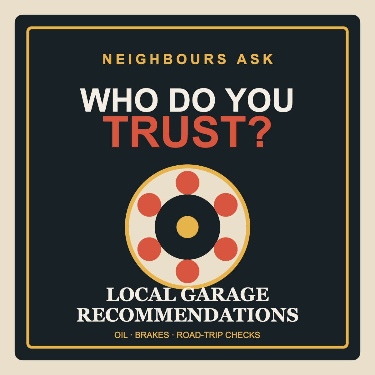 Designed local garage recommendations poster pinned to a cork board.