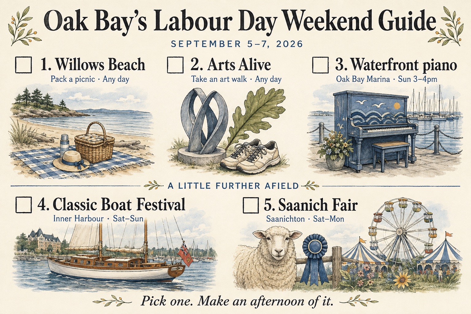 Illustrated Labour Day weekend checklist: Willows Beach, Arts Alive, waterfront piano, Classic Boat Festival and Saanich Fair.
