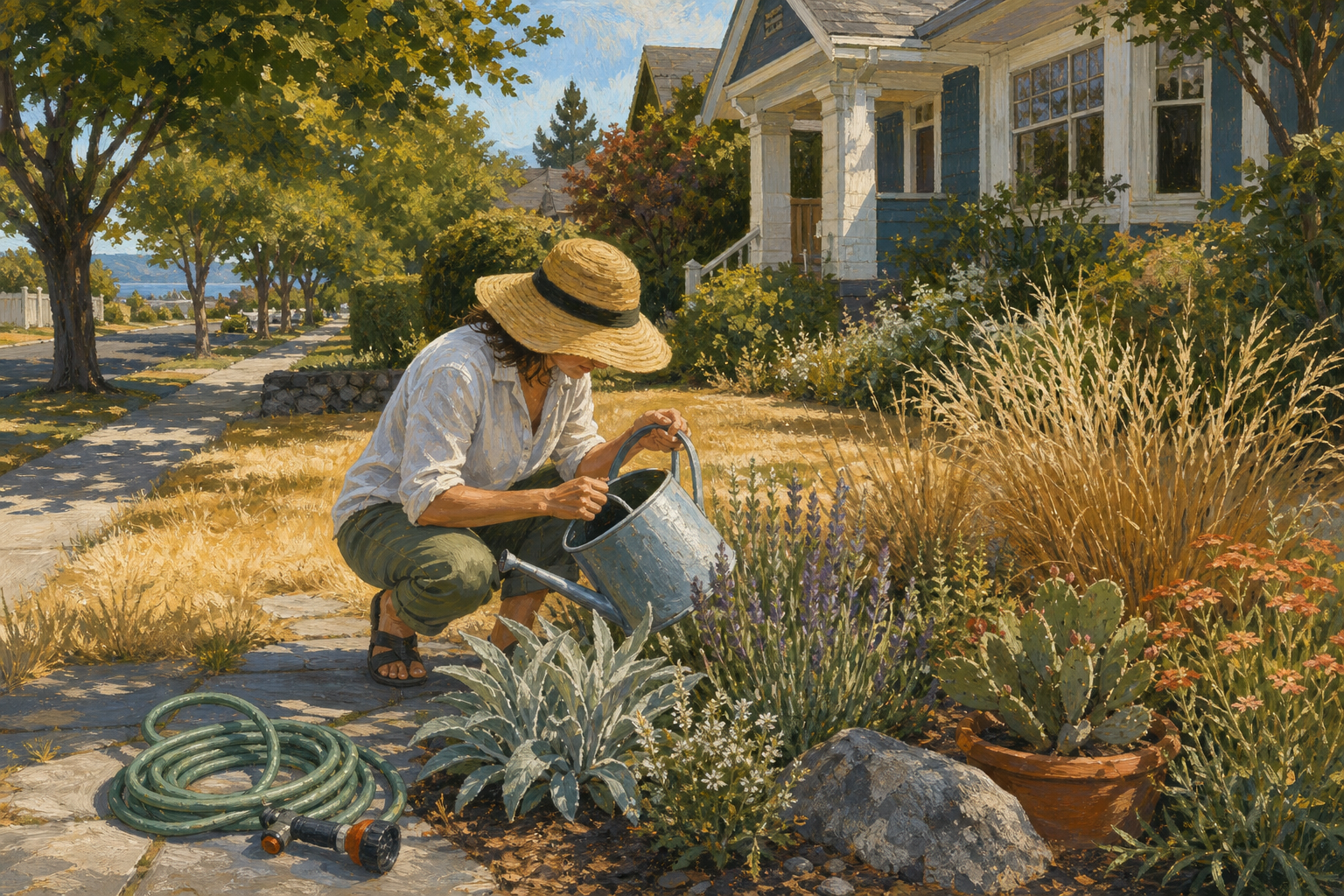 Oak Bay Local illustration of a resident following summer water restrictions in an Oak Bay garden