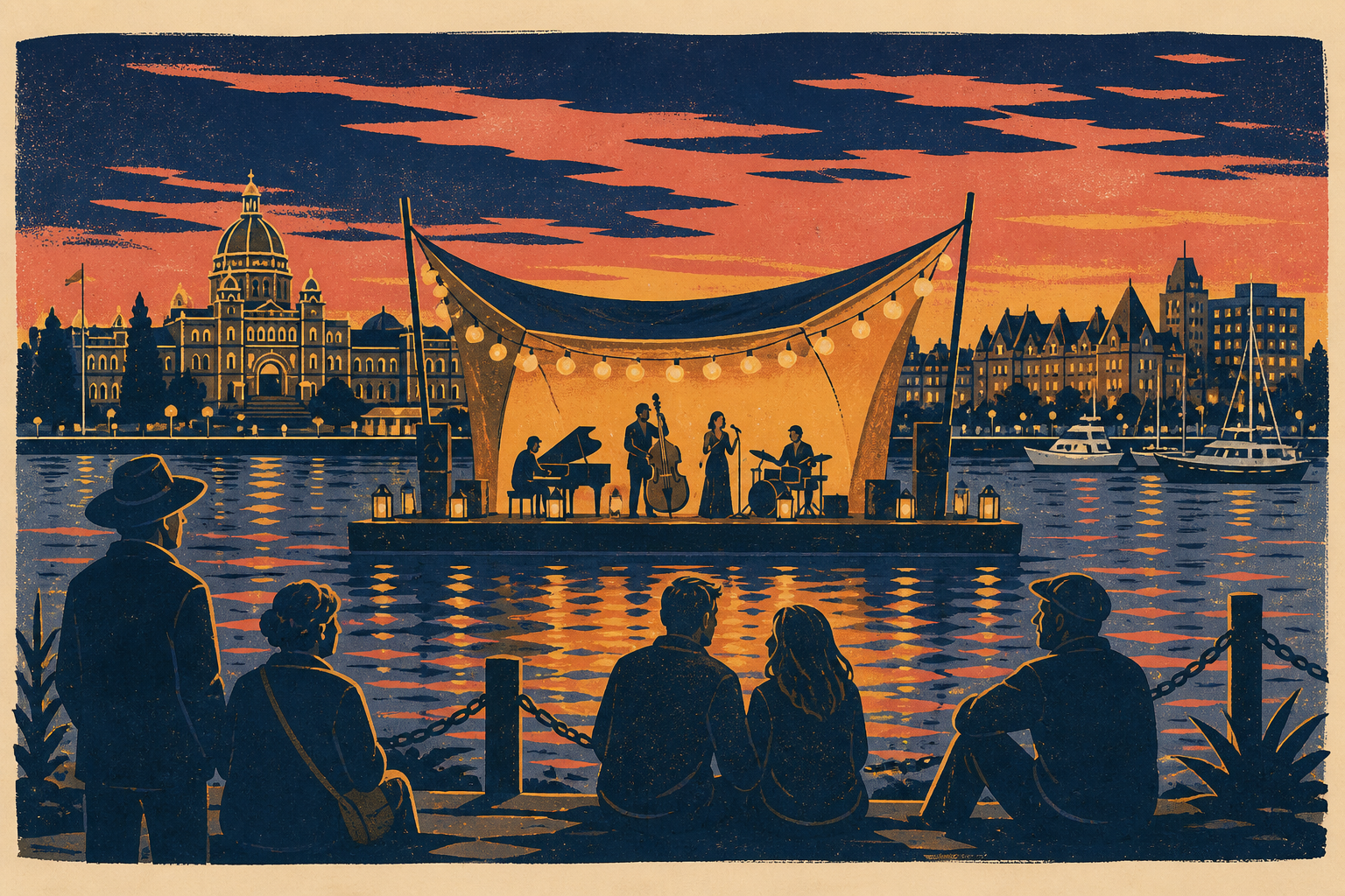 Bold screenprint-style Oak Bay Local editorial illustration of a floating concert stage in Victoria Inner Harbour
