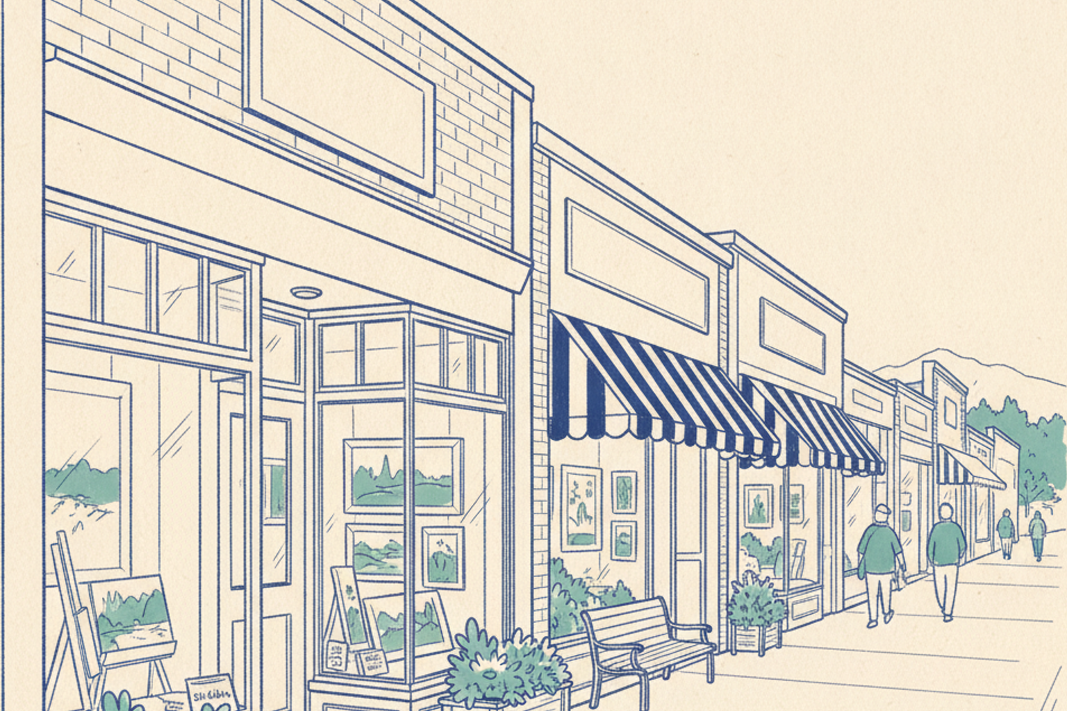 Hand-drawn illustration of Oak Bay Avenue shopfronts with framed artwork displayed in the windows.