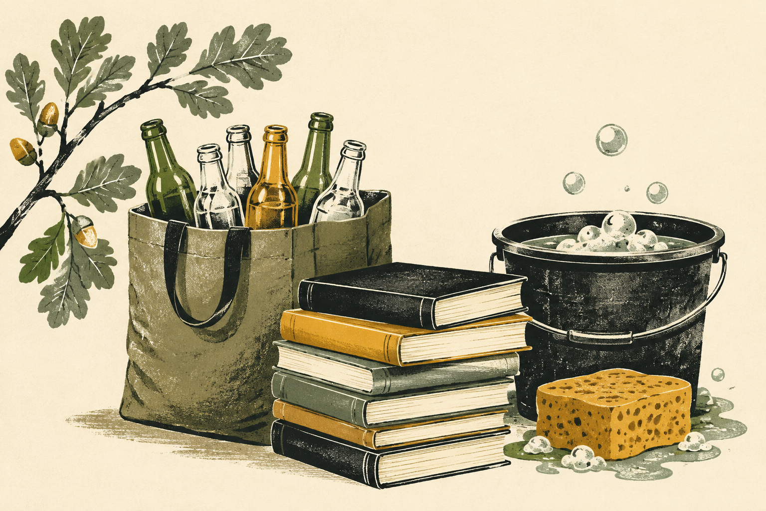 Illustration of empty bottles, secondhand books and a bucket with a car-wash sponge.