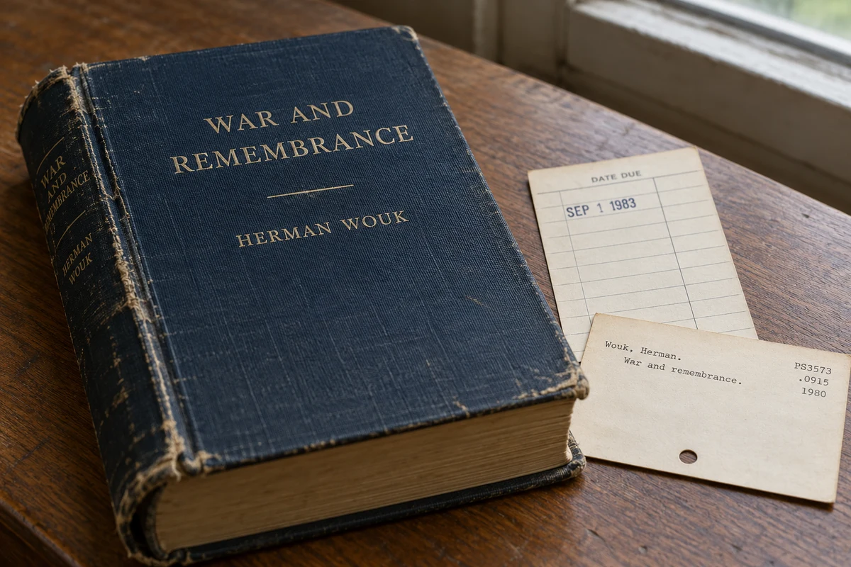 AI-generated illustration of a worn copy of War and Remembrance with paper library cards; not a photograph of the returned copy.